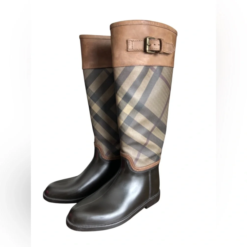 Burberry House Check Rain Boots – Rubber & Canvas with Leather Trim size 5 - Picture 4 of 13